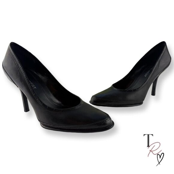 Nine West Black Leather Career Pumps with Croc-Embossed Trim Size 7.5 M - Picture 1 of 9